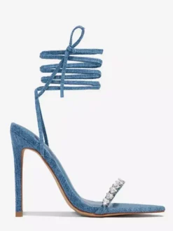 Denim High Heel Sandals Rhinestones Lace Up Party Shoes For Women