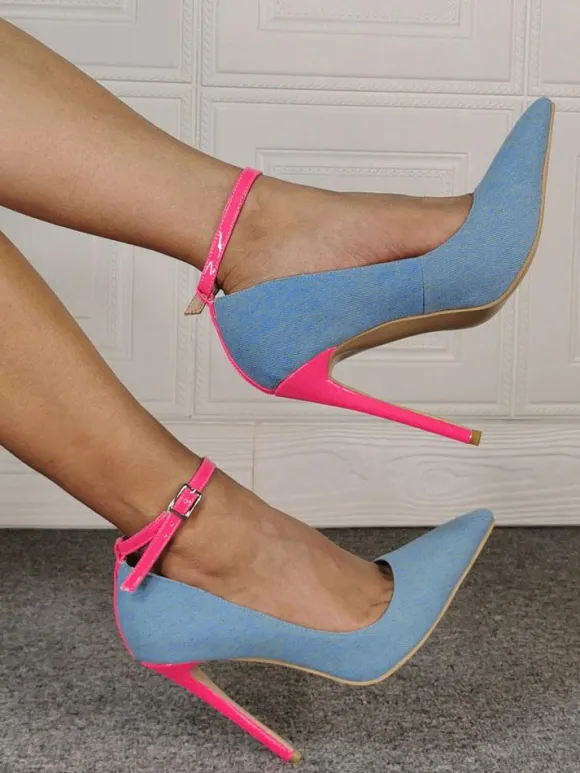 Denim High Heels Women Pointed Toe Stieltto Heel Plus Size Ankle Strap Pumps