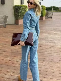 Denim Jumpsuit Pleated Neck Front Button Straight Solid Color Playsuit