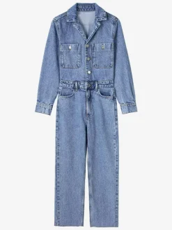 Denim Jumpsuit Pleated Neck Front Button Straight Solid Color Playsuit