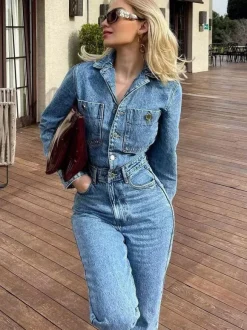 Denim Jumpsuit Pleated Neck Front Button Straight Solid Color Playsuit
