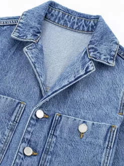 Denim Jumpsuit Pleated Neck Front Button Straight Solid Color Playsuit