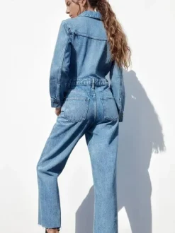 Denim Jumpsuit Pleated Neck Front Button Straight Solid Color Playsuit