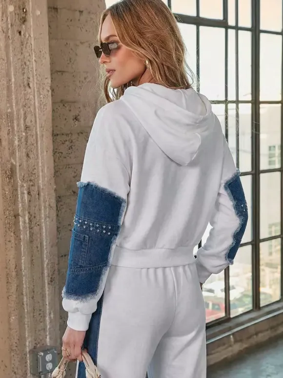 Denim Patchwork 2 Piece Set For Women - Studded Hoodie And Wide Leg Pants - Spring Streetwear Tracksuit 2026