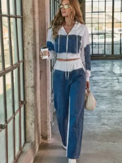 Denim Patchwork 2 Piece Set For Women - Studded Hoodie And Wide Leg Pants - Spring Streetwear Tracksuit 2026