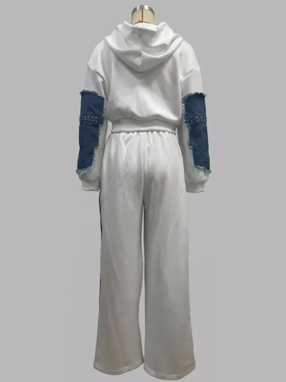 Denim Patchwork 2 Piece Set For Women - Studded Hoodie And Wide Leg Pants - Spring Streetwear Tracksuit 2026