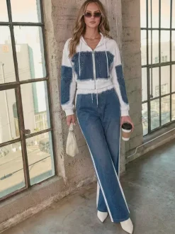 Denim Patchwork 2 Piece Set For Women - Studded Hoodie And Wide Leg Pants - Spring Streetwear Tracksuit 2026