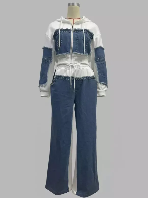 Denim Patchwork 2 Piece Set For Women - Studded Hoodie And Wide Leg Pants - Spring Streetwear Tracksuit 2026
