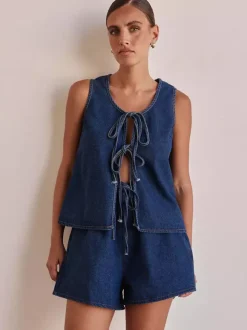 Denim 2 Piece Set For Women - Blue Casual Tie Front Sleeveless Top And Shorts Co-ord - Summer Streetwear Outfits 2026