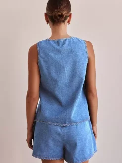 Denim 2 Piece Set For Women - Blue Casual Tie Front Sleeveless Top And Shorts Co-ord - Summer Streetwear Outfits 2026