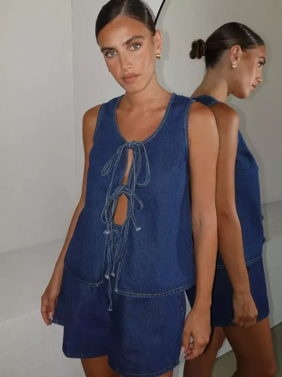 Denim 2 Piece Set For Women - Blue Casual Tie Front Sleeveless Top And Shorts Co-ord - Summer Streetwear Outfits 2026