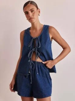 Denim 2 Piece Set For Women - Blue Casual Tie Front Sleeveless Top And Shorts Co-ord - Summer Streetwear Outfits 2026
