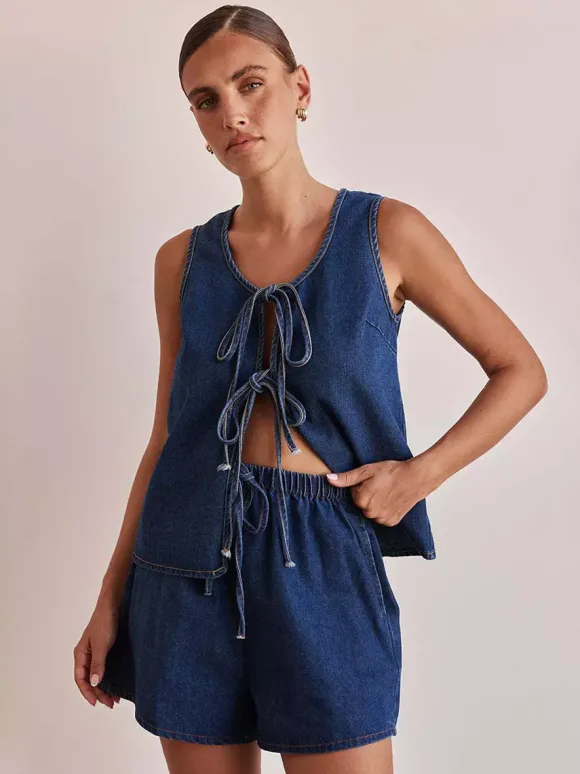 Denim 2 Piece Set For Women - Blue Casual Tie Front Sleeveless Top And Shorts Co-ord - Summer Streetwear Outfits 2026