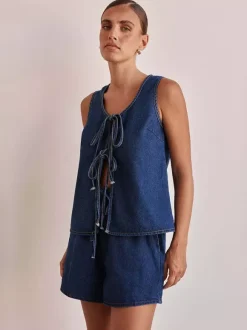 Denim 2 Piece Set For Women - Blue Casual Tie Front Sleeveless Top And Shorts Co-ord - Summer Streetwear Outfits 2026