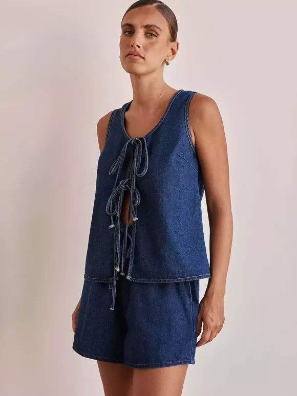 Denim 2 Piece Set For Women - Blue Casual Tie Front Sleeveless Top And Shorts Co-ord - Summer Streetwear Outfits 2026