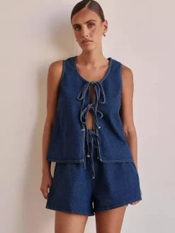 Denim 2 Piece Set For Women - Blue Casual Tie Front Sleeveless Top And Shorts Co-ord - Summer Streetwear Outfits 2026