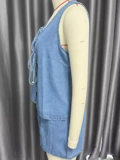 Denim 2 Piece Set For Women - Blue Casual Tie Front Sleeveless Top And Shorts Co-ord - Summer Streetwear Outfits 2026