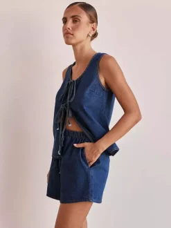 Denim 2 Piece Set For Women - Blue Casual Tie Front Sleeveless Top And Shorts Co-ord - Summer Streetwear Outfits 2026