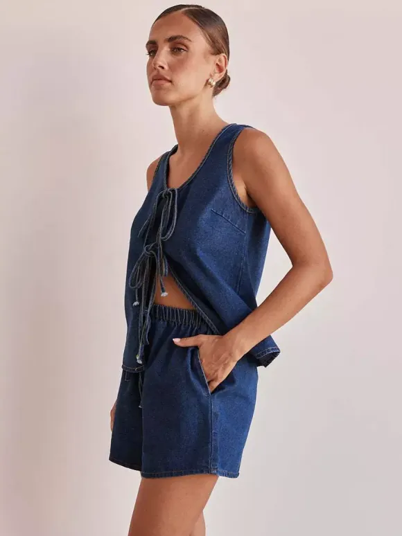 Denim 2 Piece Set For Women - Blue Casual Tie Front Sleeveless Top And Shorts Co-ord - Summer Streetwear Outfits 2026