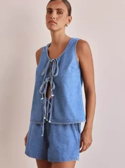Denim 2 Piece Set For Women - Blue Casual Tie Front Sleeveless Top And Shorts Co-ord - Summer Streetwear Outfits 2026