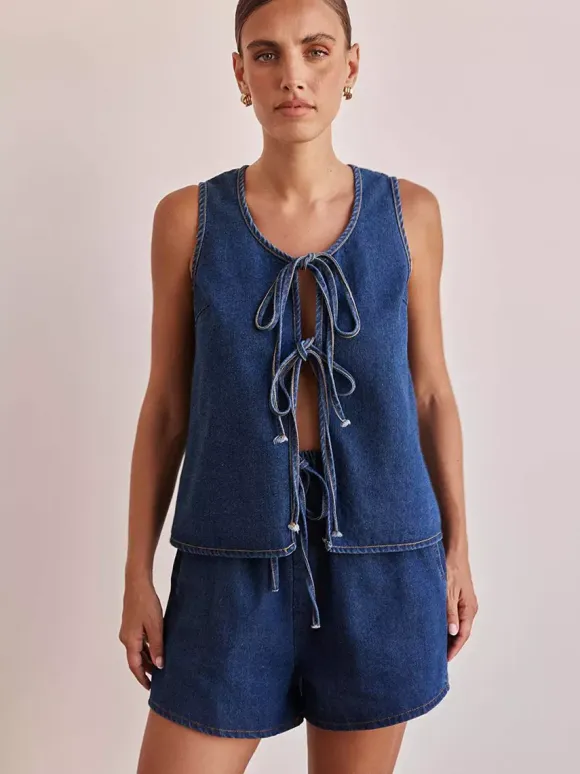 Denim 2 Piece Set For Women - Blue Casual Tie Front Sleeveless Top And Shorts Co-ord - Summer Streetwear Outfits 2026