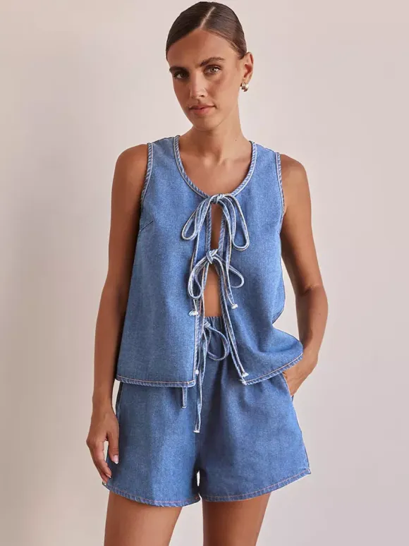 Denim 2 Piece Set For Women - Blue Casual Tie Front Sleeveless Top And Shorts Co-ord - Summer Streetwear Outfits 2026