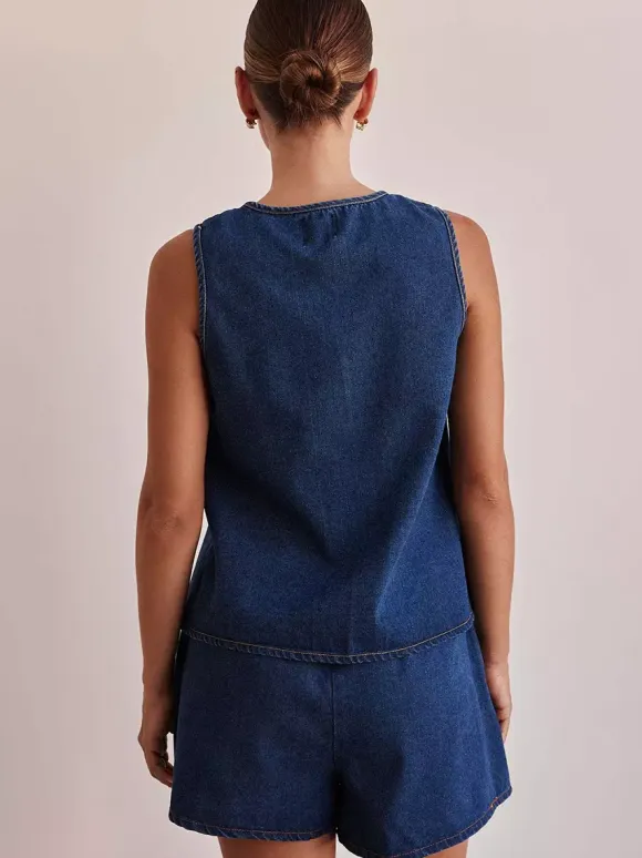 Denim 2 Piece Set For Women - Blue Casual Tie Front Sleeveless Top And Shorts Co-ord - Summer Streetwear Outfits 2026