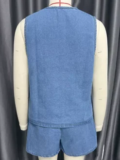 Denim 2 Piece Set For Women - Blue Casual Tie Front Sleeveless Top And Shorts Co-ord - Summer Streetwear Outfits 2026