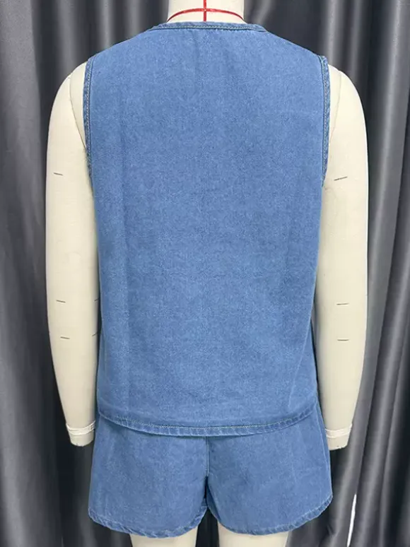 Denim 2 Piece Set For Women - Blue Casual Tie Front Sleeveless Top And Shorts Co-ord - Summer Streetwear Outfits 2026