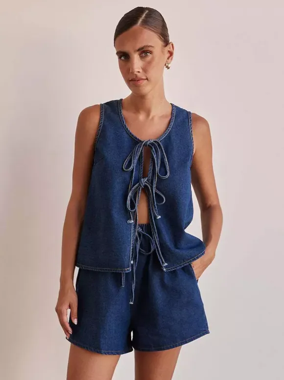 Denim 2 Piece Set For Women - Blue Casual Tie Front Sleeveless Top And Shorts Co-ord - Summer Streetwear Outfits 2026
