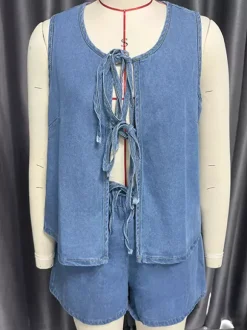 Denim 2 Piece Set For Women - Blue Casual Tie Front Sleeveless Top And Shorts Co-ord - Summer Streetwear Outfits 2026