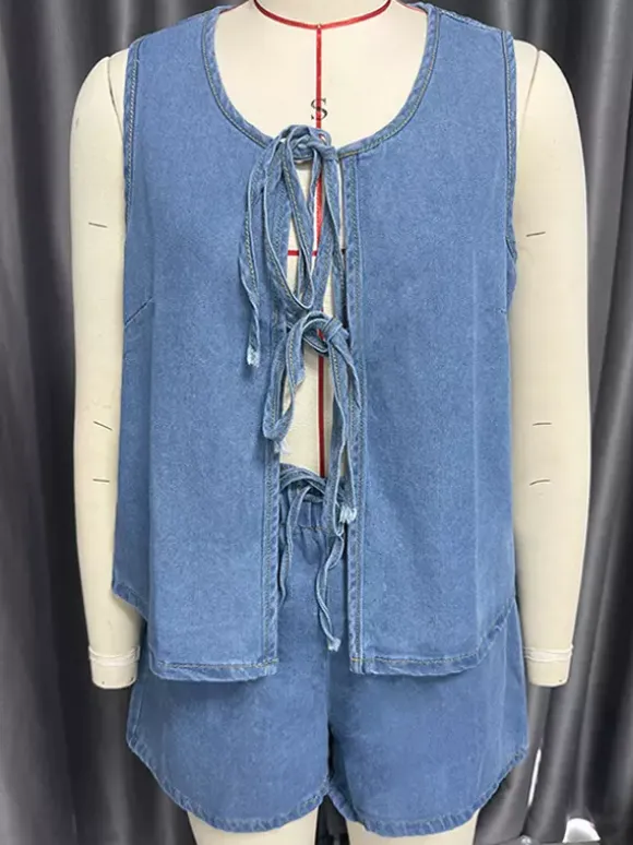 Denim 2 Piece Set For Women - Blue Casual Tie Front Sleeveless Top And Shorts Co-ord - Summer Streetwear Outfits 2026