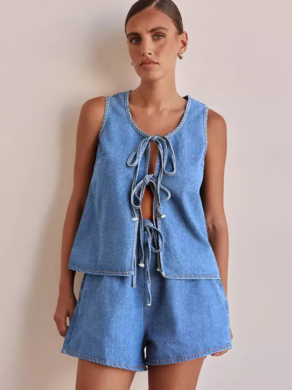 Denim 2 Piece Set For Women - Blue Casual Tie Front Sleeveless Top And Shorts Co-ord - Summer Streetwear Outfits 2026