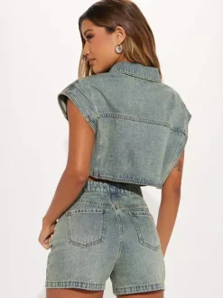 Denim 2 Piece Set For Women - Wash Blue Y2K Crop Top And Foldover Waist Shorts - Summer Streetwear 2026