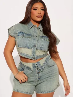 Denim 2 Piece Set For Women - Wash Blue Y2K Crop Top And Foldover Waist Shorts - Summer Streetwear 2026