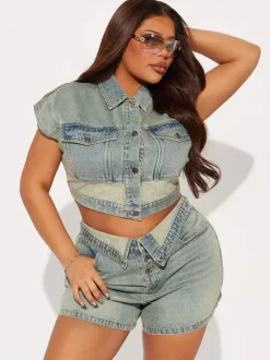 Denim 2 Piece Set For Women - Wash Blue Y2K Crop Top And Foldover Waist Shorts - Summer Streetwear 2026