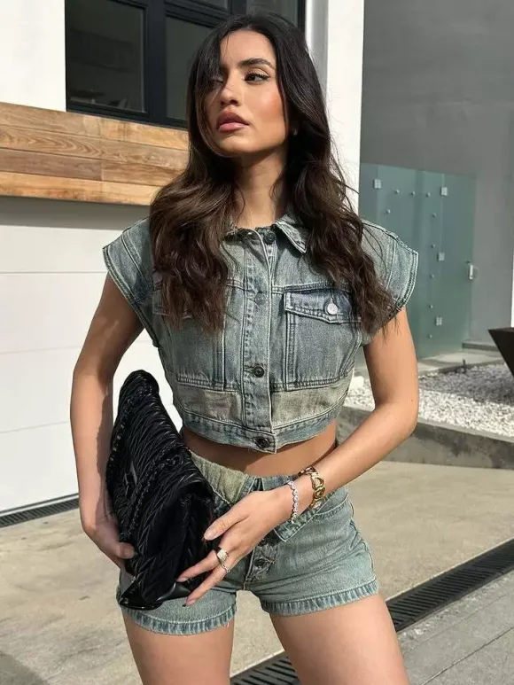 Denim 2 Piece Set For Women - Wash Blue Y2K Crop Top And Foldover Waist Shorts - Summer Streetwear 2026