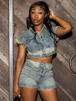 Denim 2 Piece Set For Women - Wash Blue Y2K Crop Top And Foldover Waist Shorts - Summer Streetwear 2026