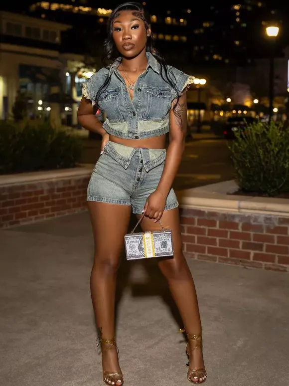 Denim 2 Piece Set For Women - Wash Blue Y2K Crop Top And Foldover Waist Shorts - Summer Streetwear 2026