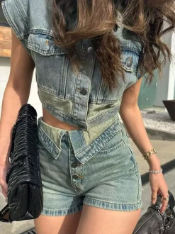 Denim 2 Piece Set For Women - Wash Blue Y2K Crop Top And Foldover Waist Shorts - Summer Streetwear 2026