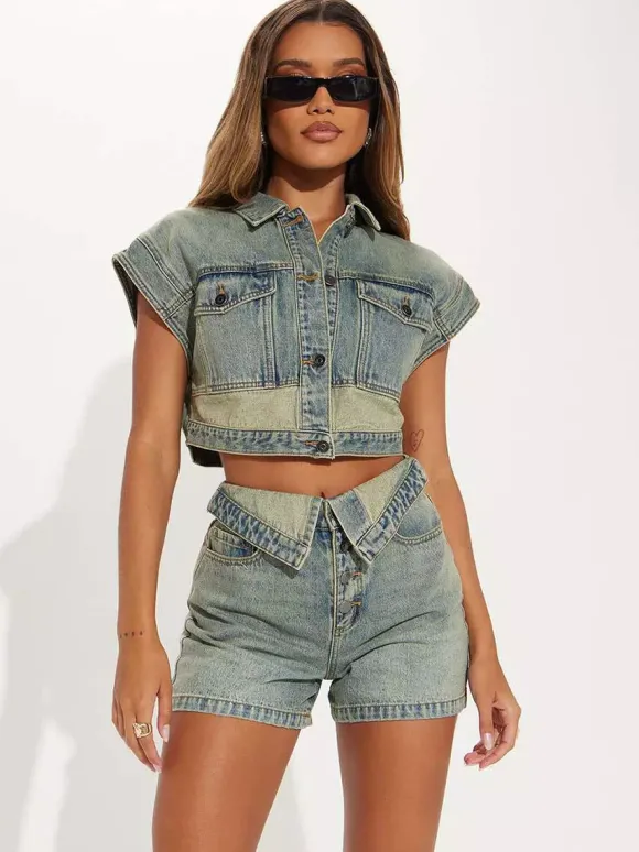 Denim 2 Piece Set For Women - Wash Blue Y2K Crop Top And Foldover Waist Shorts - Summer Streetwear 2026