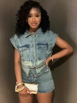 Denim 2 Piece Set For Women - Wash Blue Y2K Crop Top And Foldover Waist Shorts - Summer Streetwear 2026