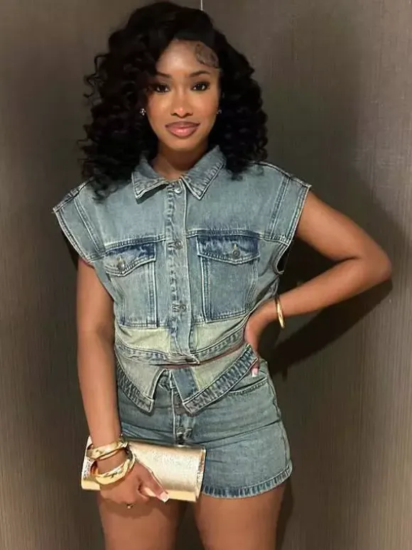 Denim 2 Piece Set For Women - Wash Blue Y2K Crop Top And Foldover Waist Shorts - Summer Streetwear 2026