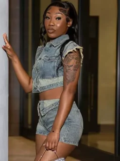 Denim 2 Piece Set For Women - Wash Blue Y2K Crop Top And Foldover Waist Shorts - Summer Streetwear 2026