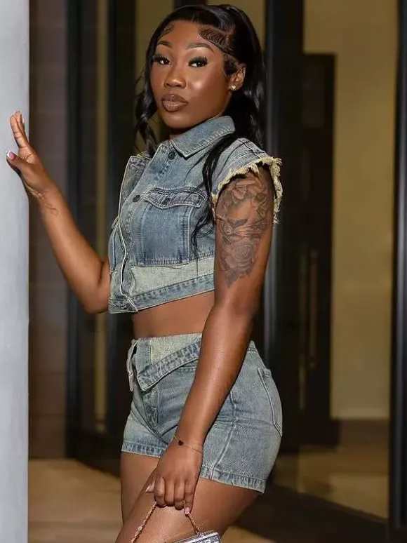 Denim 2 Piece Set For Women - Wash Blue Y2K Crop Top And Foldover Waist Shorts - Summer Streetwear 2026