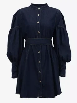 Denim Skater Dress Puff Sleeve Button-Up A-line Mini Dress For Women 2026
