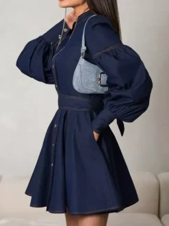 Denim Skater Dress Puff Sleeve Button-Up A-line Mini Dress For Women 2026