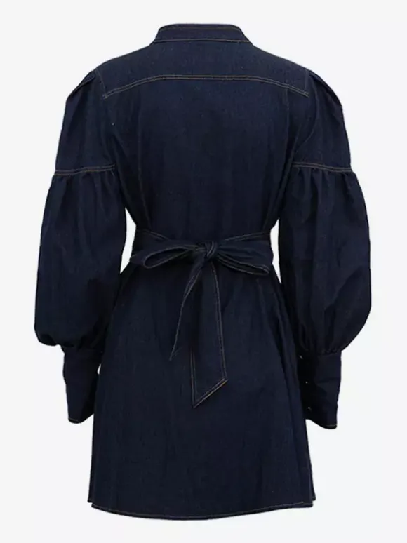 Denim Skater Dress Puff Sleeve Button-Up A-line Mini Dress For Women 2026