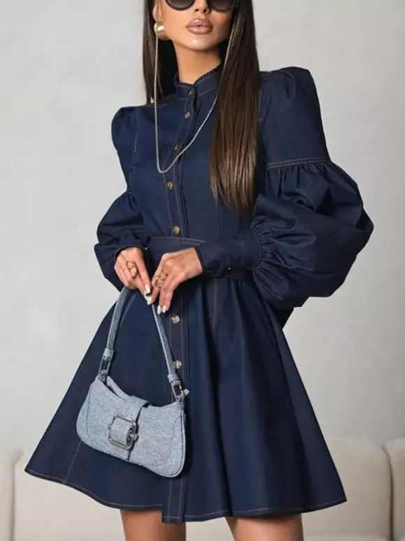 Denim Skater Dress Puff Sleeve Button-Up A-line Mini Dress For Women 2026
