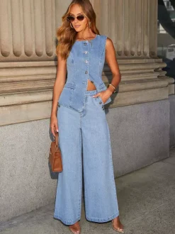 Denim Two Piece Co-ord Set Button-up Vest And Straight Jeans Summer Outfit For Women 2026
